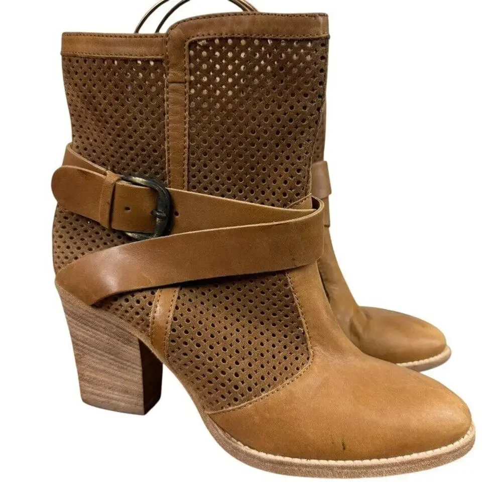 Aquatalia Marvin K Fawn Womens Chunky Heel Leather Boots Brown Ankle Italy 7.5
